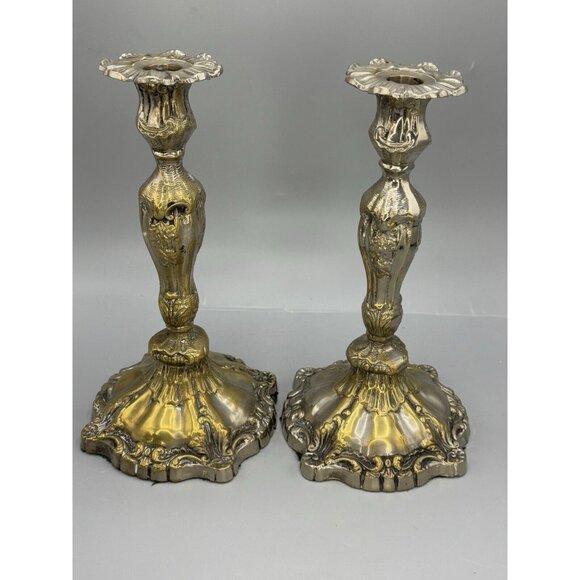 Vtg Pair Heavy Large Ornate Metal Candlesticks Antique Gothic Neo Style 10.5” H - Picture 2 of 8